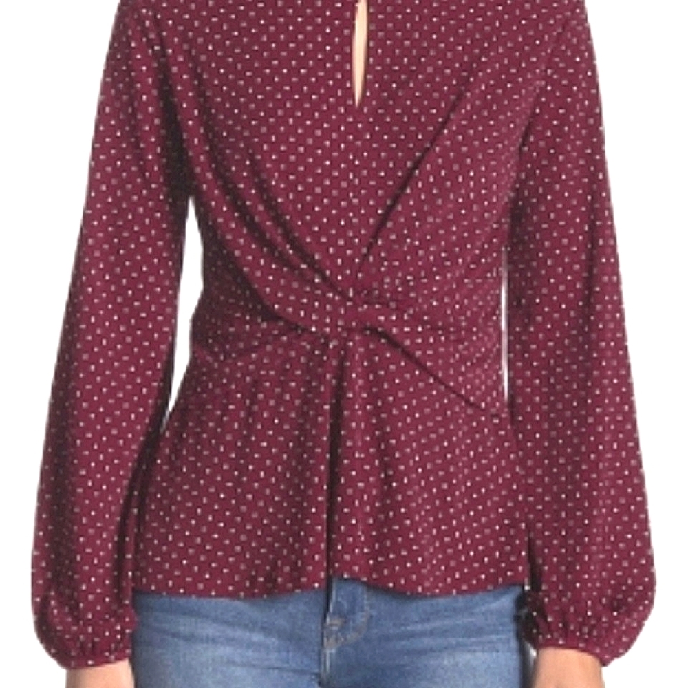 B'leev Womens Maroon Retro Balloon Sleeve Key Hole Twist Tie Peplum  Blouse SzXS